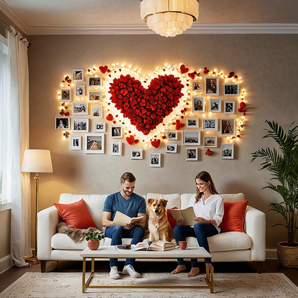 A warm and inviting scene depicting a couple sitting together, looking content while reviewing personalized insurance policy documents in a cozy home setting. Surround them with symbols of love such as hearts, family photos, and a dog at their feet, illustrating stability and assurance. Soft lighting and a gentle color palette to evoke a sense of trust and security. super-realistic. vibrant colors. cozy atmosphere.