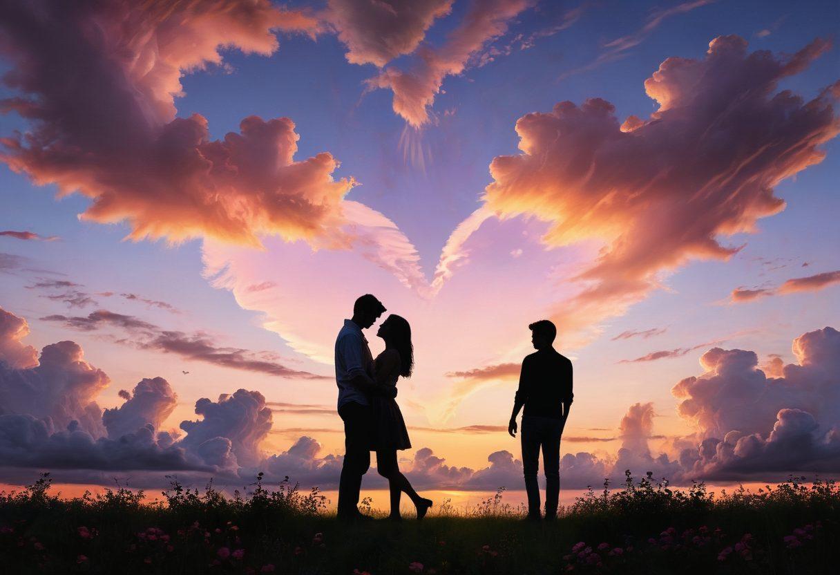A serene scene depicting two silhouetted figures embracing under a twilight sky, surrounded by heart-shaped clouds and gentle pastel colors. The background features a serene landscape with blooming flowers symbolizing love and intimacy. Soft glowing lights float around them to evoke affection and warmth. The imagery should evoke feelings of connection and deep emotion. super-realistic. vibrant colors. soft focus.