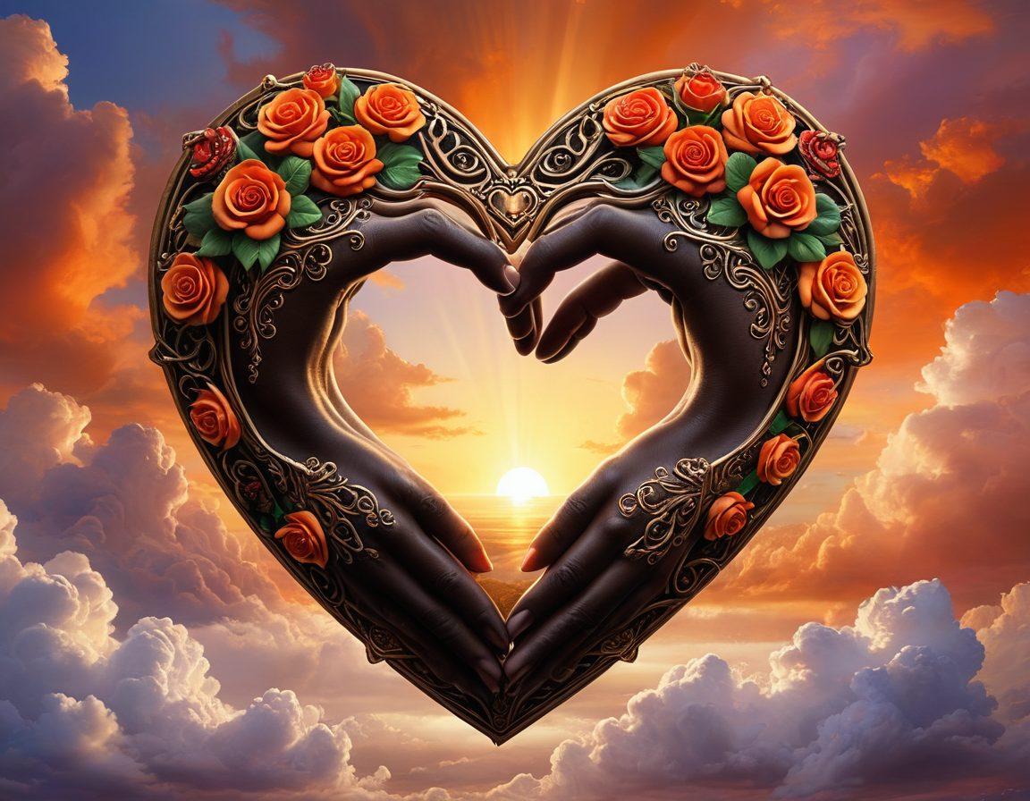 A whimsical heart-shaped shield adorned with various symbols of love like roses, wedding rings, and intertwined hands, set against a backdrop of two people holding hands, basking in golden sunlight. The concept of 'insurance' is represented by soft clouds cradling the shield, symbolizing protection in relationships. The scene should evoke emotions of safety, warmth, and companionship. vibrant colors. super-realistic.